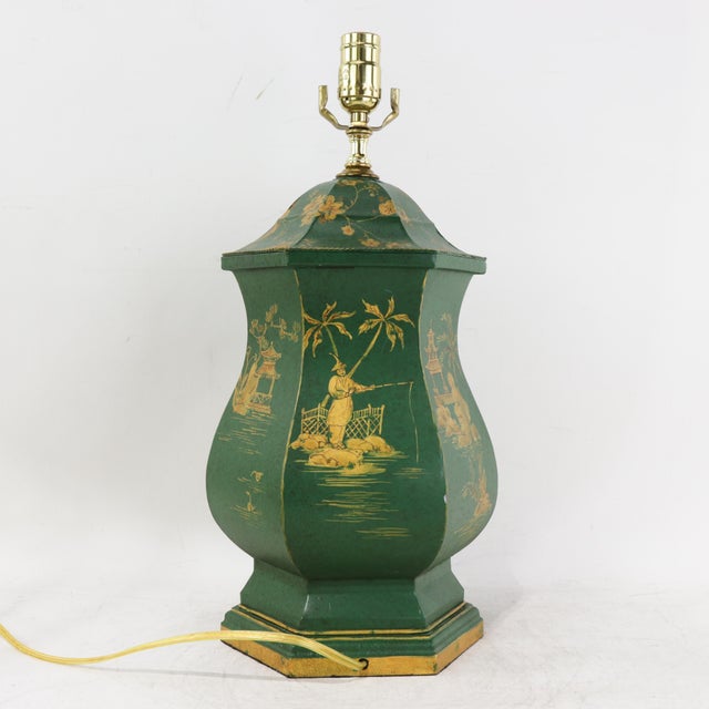Vintage Green and Gold Hand Painted Tole Scalloped Hexagon Table Lamp Chinoiserie Temple Shape Pagoda Scene For Sale - Image 4 of 15