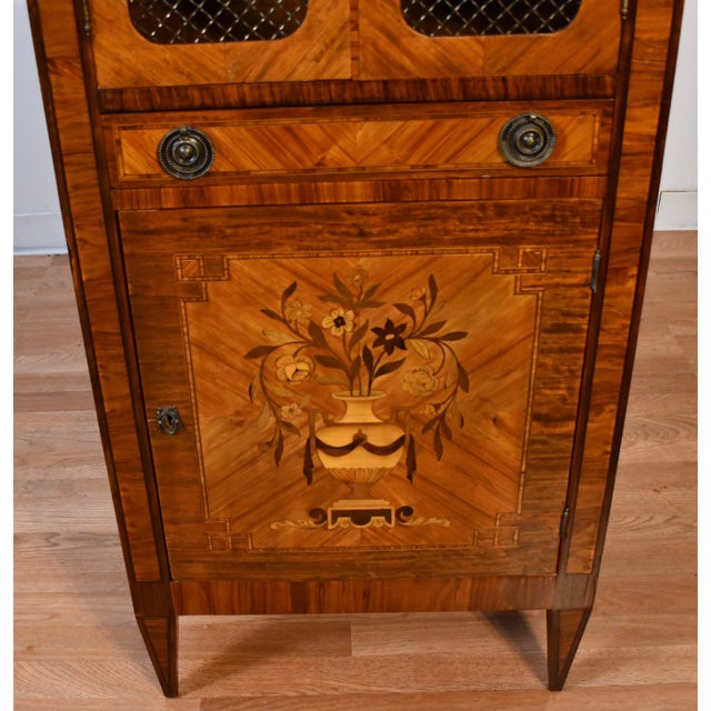 1900s Antique French Louis XVI Walnut Satinwood Inlay & Marble Top Cabinet For Sale - Image 4 of 12