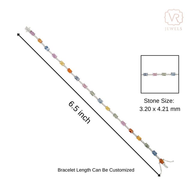 4.38ct Rainbow Multi Sapphire & Diamond Tennis Bracelet in 14k White Gold 6.5 Inch For Sale - Image 10 of 13