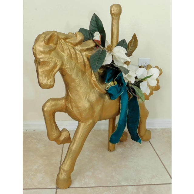 X-Large Vintage Gold Hand Painted & Decorated Paper Mache Carousel Horse For Sale In West Palm - Image 6 of 9