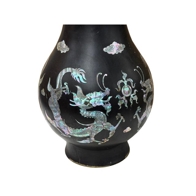 Vintage Metal Black Paint Mother of Pearl Double Dragon Art Vase For Sale - Image 11 of 12