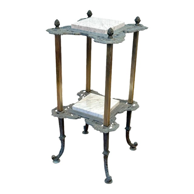 Antique Victorian 2-Tier Iron Plant Stand W/ Marble Top For Sale