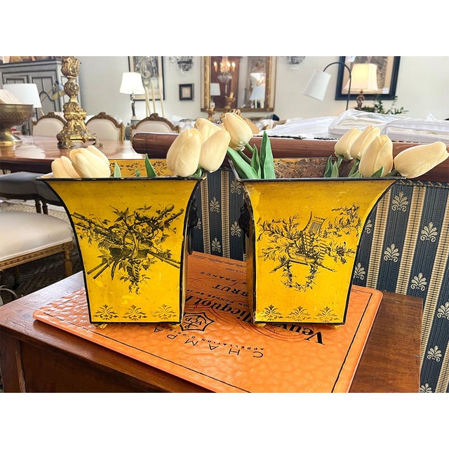 French Country Vintage French Country Toleware Planters, A Pair For Sale - Image 3 of 4