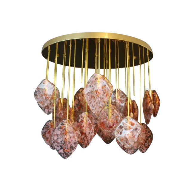 Mid-Century Italian Modern Brass and Pink Glass Chandelier, 1980s For Sale