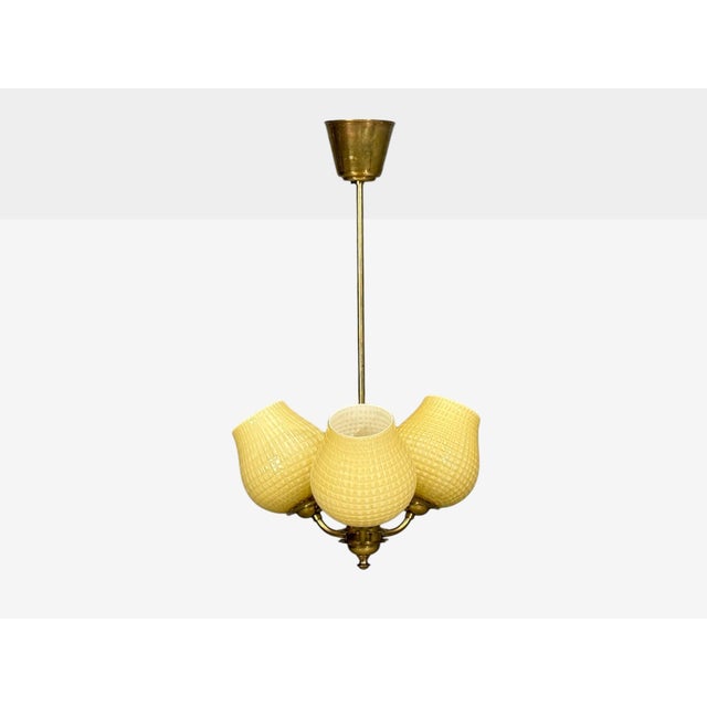 Mid-Century Modern 1940s Swedish Modern, Pendant Light, Brass, Textured Glass For Sale - Image 3 of 12