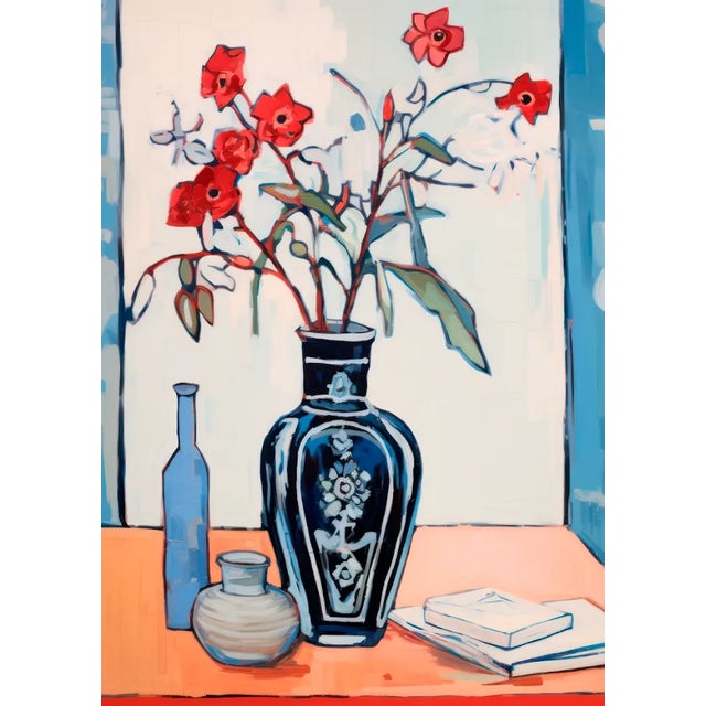 Vase With Red Florals on Tangerine Table Art Print, 9"x12" For Sale