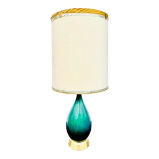 Vintage Mid-Century Modern Turquoise & Green Ceramic Table Lamp – Teardrop Design With Original Shade For Sale