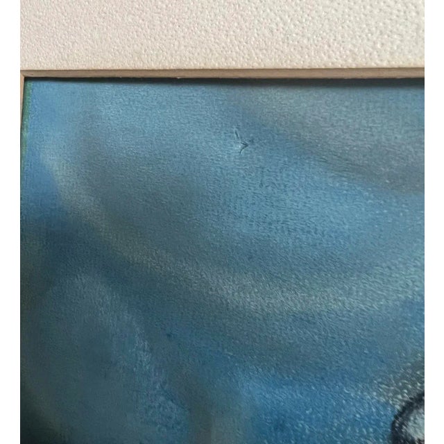 Blue Mid 20th Century Modern Animal Scene Chalk Drawing with Panther and Cranes, Framed For Sale - Image 8 of 10