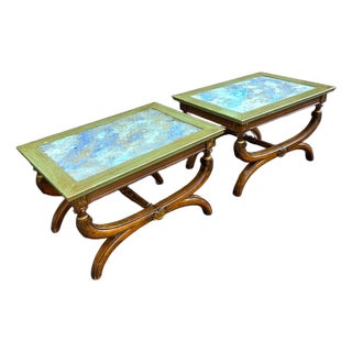 Pair of 19th Century Neoclassical Style Reverse Painted Glass Top Curule Base Cocktail/Side Tables For Sale