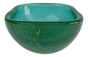 C.1950s Italian Carlo Scarpa for Venini - Square Deep Coved Kelly Green With Gold Dust & Bubble Inclusions Catchall Bowl