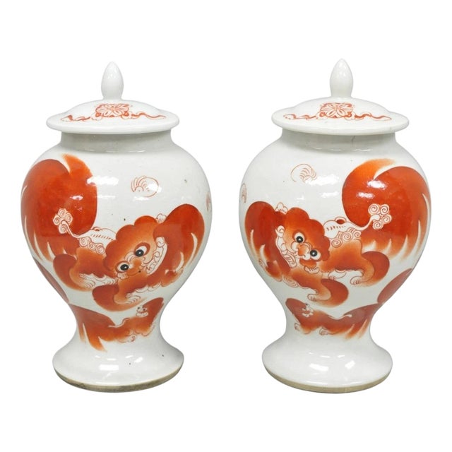 Vintage Chinese Hand Painted Foo Dog Porcelain Covered Ginger Jar - A Pair For Sale