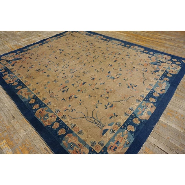Art Deco 1920s Camel Floral Geometric Antique Chinese Peking Carpet 8'2" X 9'9" Wool Rug For Sale - Image 3 of 11