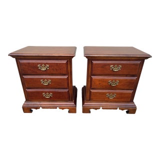 Late 20th Century American Drew Chippendale Style Cherry Wood Three Drawer Nightstands- a Pair For Sale