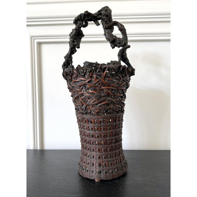 Late 19th Century Antique Japanese Smoke Bamboo Basket with Wisteria Root Handle Meiji Period For Sale - Image 5 of 16