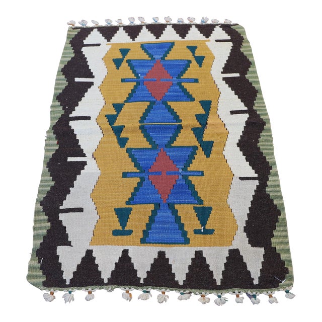 1970s Farmhouse Style Hand Knotted Geometric Design Accent Oushak Kilim Rug For Sale