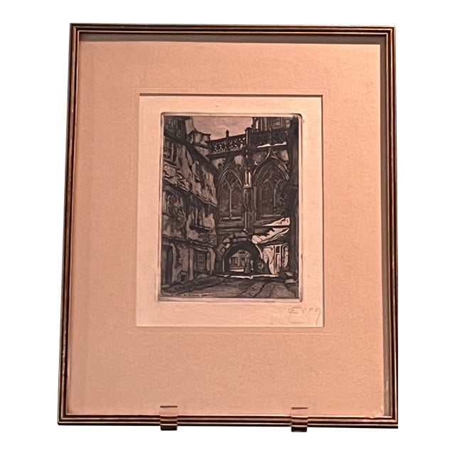 Vintage Signed Emile LeRoi French Etching Falaise Normandy Framed Art For Sale