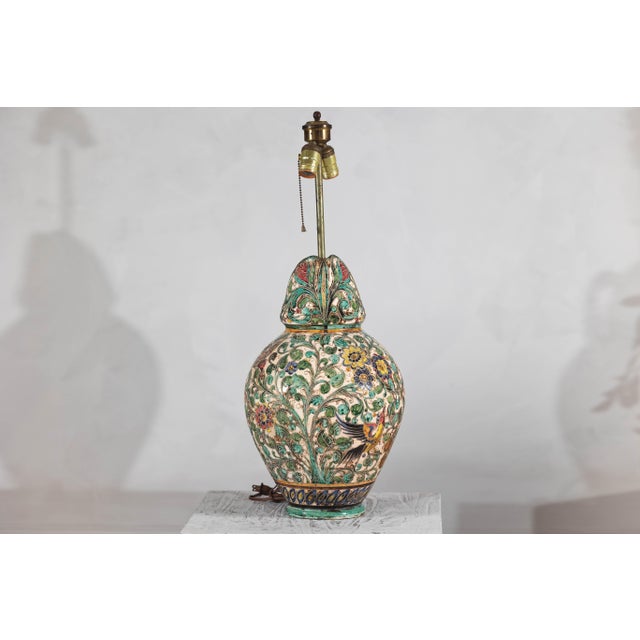Mid 20th Century Majolica-Style Mid-Century Modern Ceramic Table Lamp with Birds and Floral Motifs For Sale - Image 11 of 12
