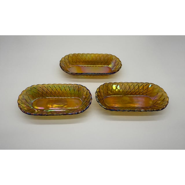 Amber Mid 20th Century American Pressed Amber Carnival Glass Celery Dish - Set of 3 For Sale - Image 8 of 11