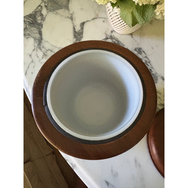 Mid-Century Danish Teak Wood Ice Bucket With Opal Glass Liner For Sale - Image 4 of 15