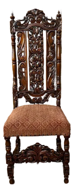 Antique Renaissance Style Oak Upholstered Tall Back Side Chair