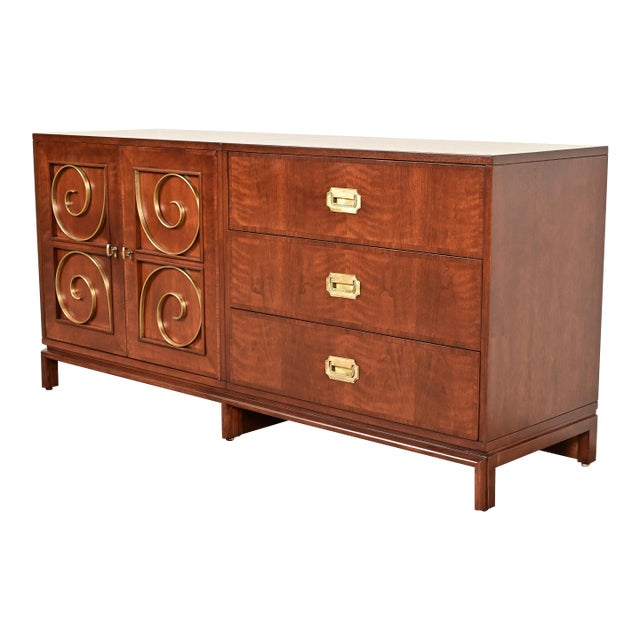 William Doezema for Mastercraft Mid-Century Hollywood Regency Campaign Walnut and Brass Sideboard Credenza, Newly Refinished For Sale