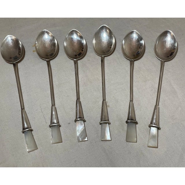 Metal 1990s Six Signed Cartier Sterling Silver Italian Mother of Pearl Demi-Tasse Spoons For Sale - Image 7 of 10