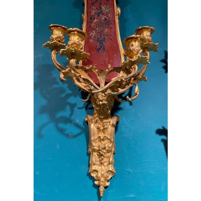 Louis XV Style Bronze-Mounted Verni Martin Painted Clock and Sconce Garniture - Set of 3 For Sale - Image 11 of 13