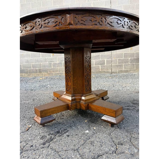 Antique Hand Carved Tiger Oak Pedestal Base Dining Table. For Sale - Image 10 of 17