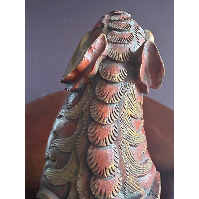 Maroon Chinese Very Unusual and Rare Carved Wood Foo Dog /Dragon Sculpture Sang De Boeuf Red With Gold Highlighting. For Sale - Image 8 of 10