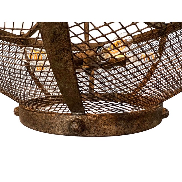 Industrial Spanish Aged Iron Mesh Bowl Chandelier For Sale - Image 9 of 10