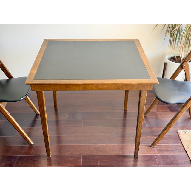Wood Mid-Century 1960s Coronet “Wonderfold” Walnut Table & Pair of Folding Chairs Set With Black Vinyl for Poker Game or Breakfast Nook For Sale - Image 7 of 12