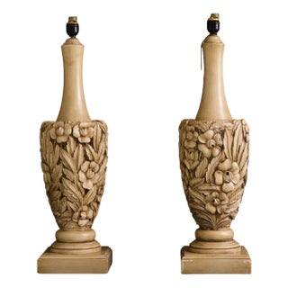 Vintage Hand-Carved Wooden Table Lamps by Mariano García, 1960s, Set of 2 For Sale