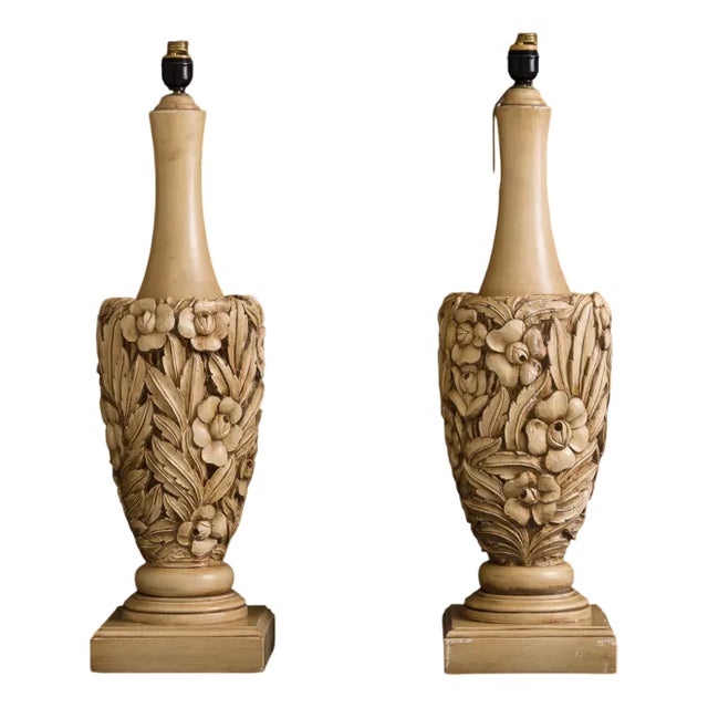 Vintage Hand-Carved Wooden Table Lamps by Mariano García, 1960s, Set of 2 For Sale