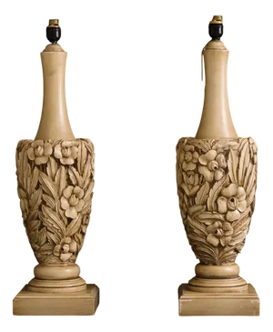 Vintage Hand-Carved Wooden Table Lamps by Mariano García, 1960s, Set of 2