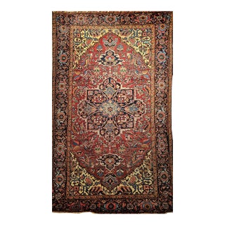 Early 1900s Persian Heriz Rug, Hand-Knotted Wool, Geometric Design, Red & Navy, 6x10 For Sale