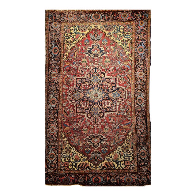Early 1900s Persian Heriz Rug, Hand-Knotted Wool, Geometric Design, Red & Navy, 6x10 For Sale