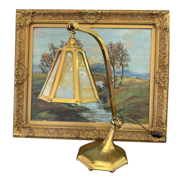 Antique Arts and Crafts Brass and Slag Stained Glass Lamp c.1910 by Salo Metal Arts Company For Sale