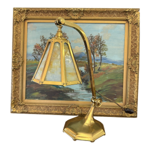 Antique Arts and Crafts Brass and Slag Stained Glass Lamp c.1910 by Salo Metal Arts Company