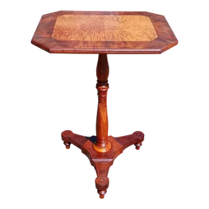 Antique Mahogany Burled Maple Center Satinwood Inlaid Tripod Base Pedestal Table