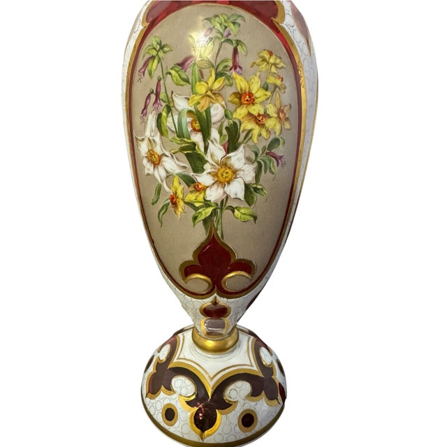 Antique Bohemian Cranberry Cut Glass Vase With Hand-Painted Enamel Flowers, Overlay, and Gilt. 12.75” Early 1900s Romantic Victorian For Sale In Pittsburgh - Image 6 of 12