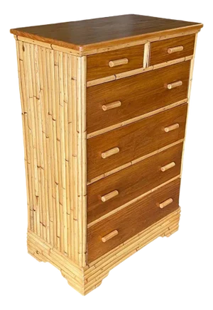 1940s Restored Mid-Century Stacked Rattan & Mahogany Highboy Dresser by Kane Kraft