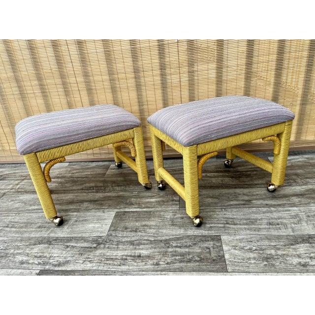 1980s A Pair of Coastal Style Rolling Footstools/ Benches on Casters by Henry Link Furniture. Circa 1980s For Sale - Image 5 of 12