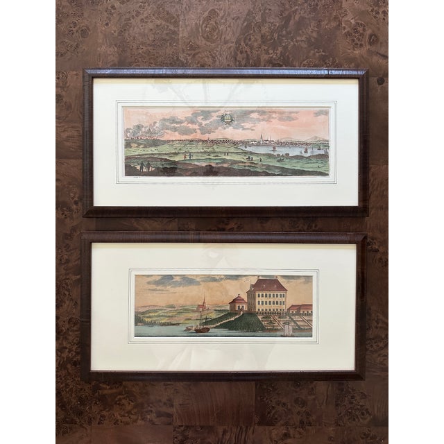 Beautiful 18th-century Swedish etchings, hand colored, that depict historic architectural and pastoral scenes. These...