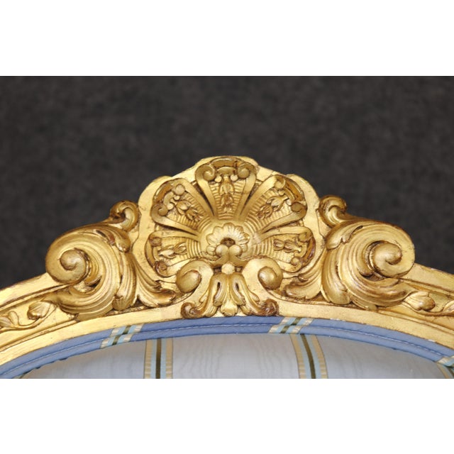 19th C. Pair French Napoleonic Style Armchairs, Giltwood & Blue Upholstery For Sale - Image 9 of 16