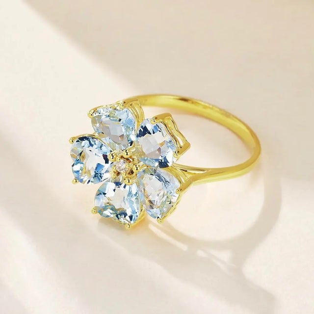 Sky Blue Nina Zhou Aquamarine Diamond Cherry Blossom Ring in 14k Yellow Gold, size 4 For Sale - Image 8 of 11