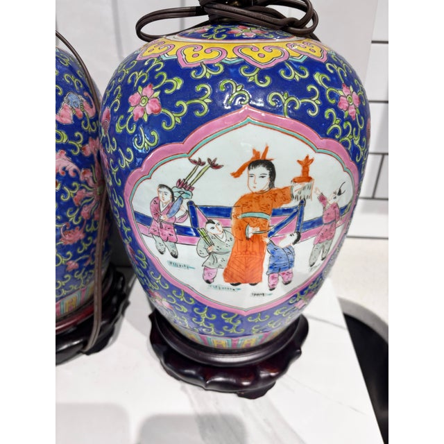 1990s 1990s Chinese Famille Rose Porcelain Jar Table Lamp - a Pair For Sale - Image 5 of 12