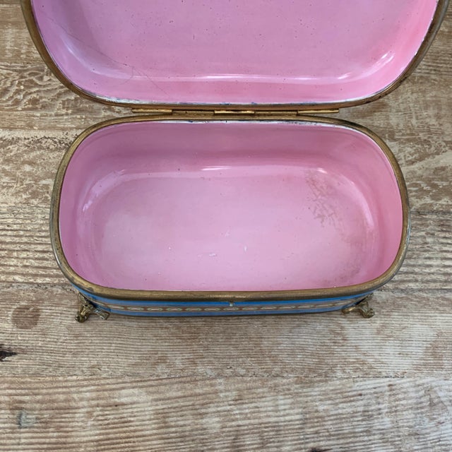 Metal Antique French Large Handpainted Turquoise and Pink Porcelain Dresser Box For Sale - Image 7 of 12
