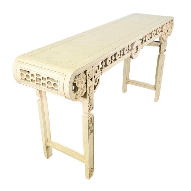 64" Asian Modern Chinoiserie Cream Lacquer Console Table For Sale - Image 4 of 14