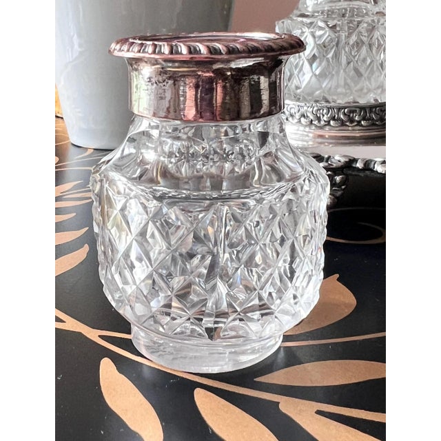 Set of 4, Antique silverplate inkwell stand with crystal diamond cut inkwells // pen and ink // desk accessory // silver on copper For Sale - Image 11 of 15