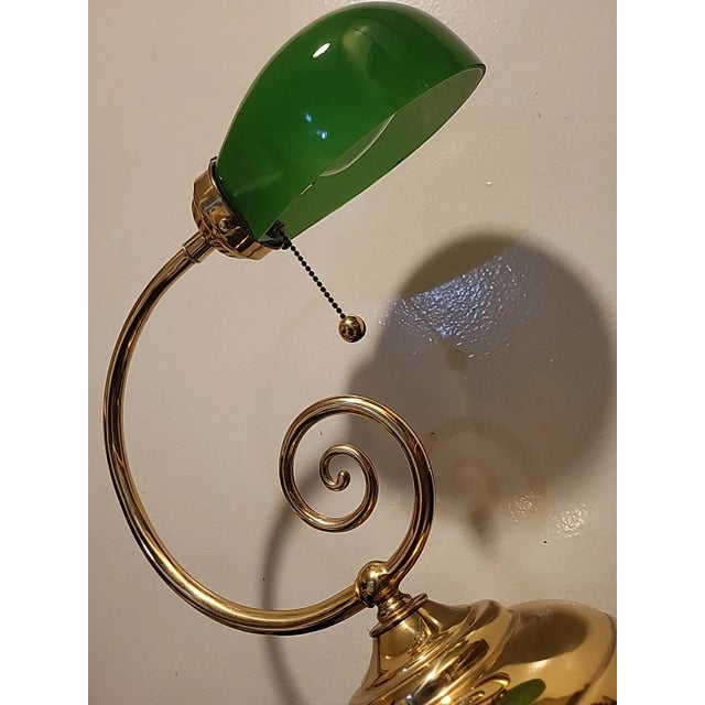 Late 19th Century Vintage Bankers Brass Lamp Green Glass With Pull Chain For Sale - Image 5 of 11